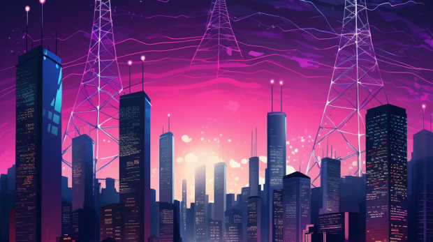 Futuristic cityscape with 5G towers connecting technologies