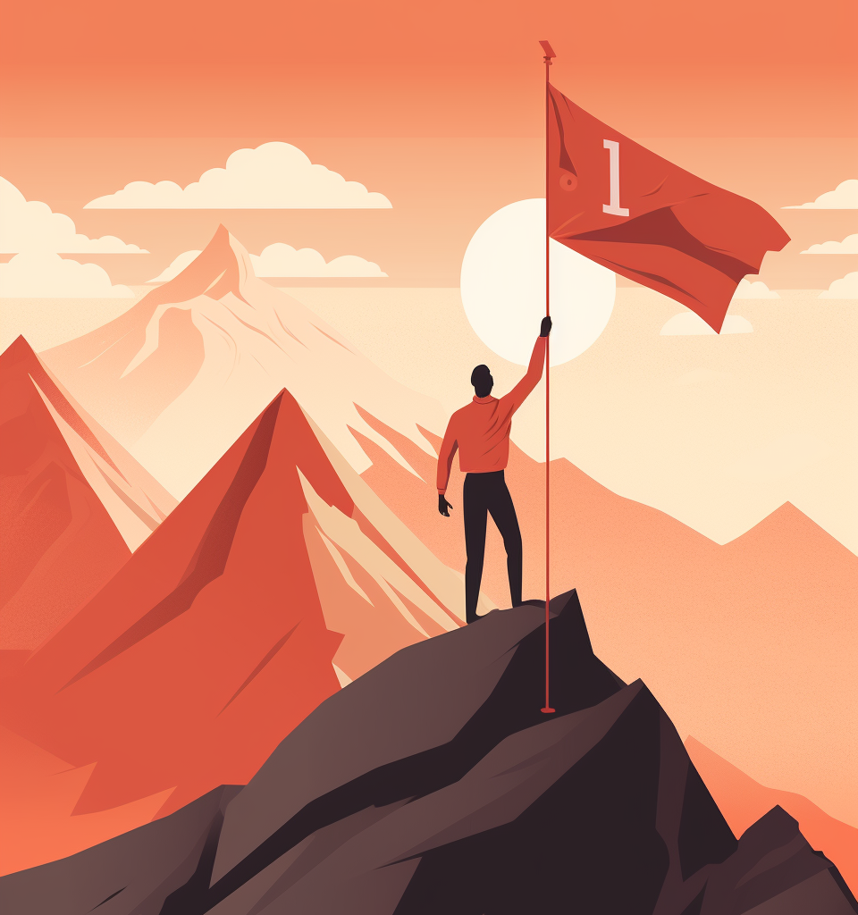 Marketer on mountain top with flag of emerging marketing channels