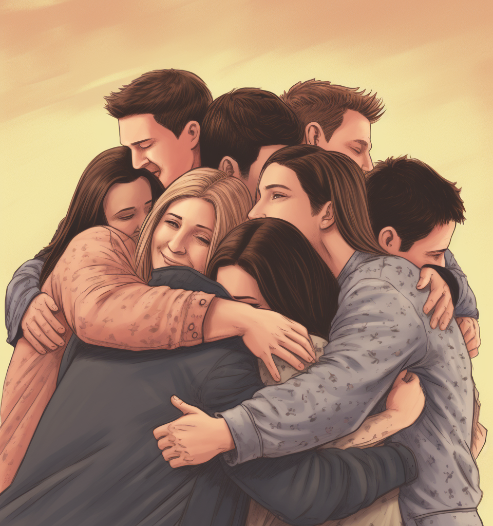 Friends cast in a group hug, symbolizing camaraderie