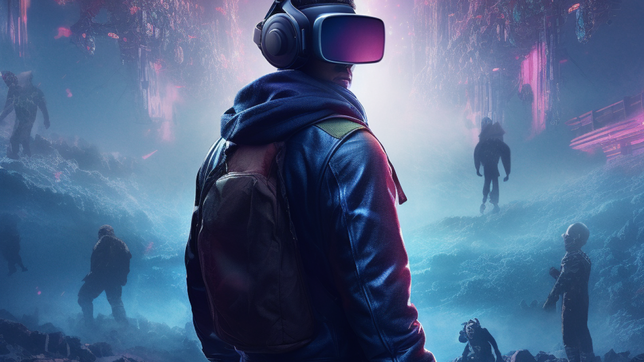 Gamer with VR headset before converging game worlds