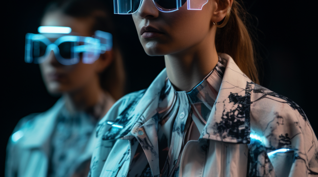 Runway models with AR goggles projecting digital clothing