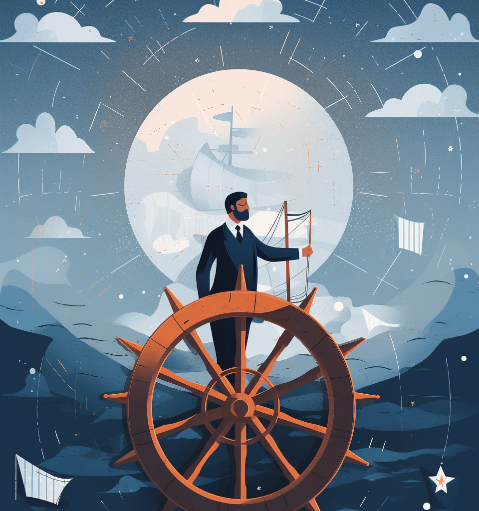 Confident marketer steering ship guided by starry metrics