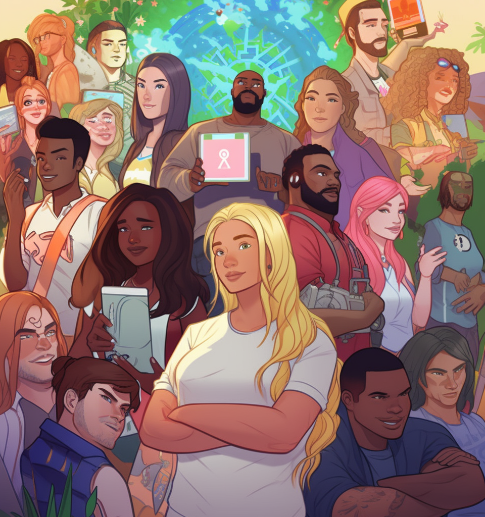 Diverse characters holding a giant The Sims box