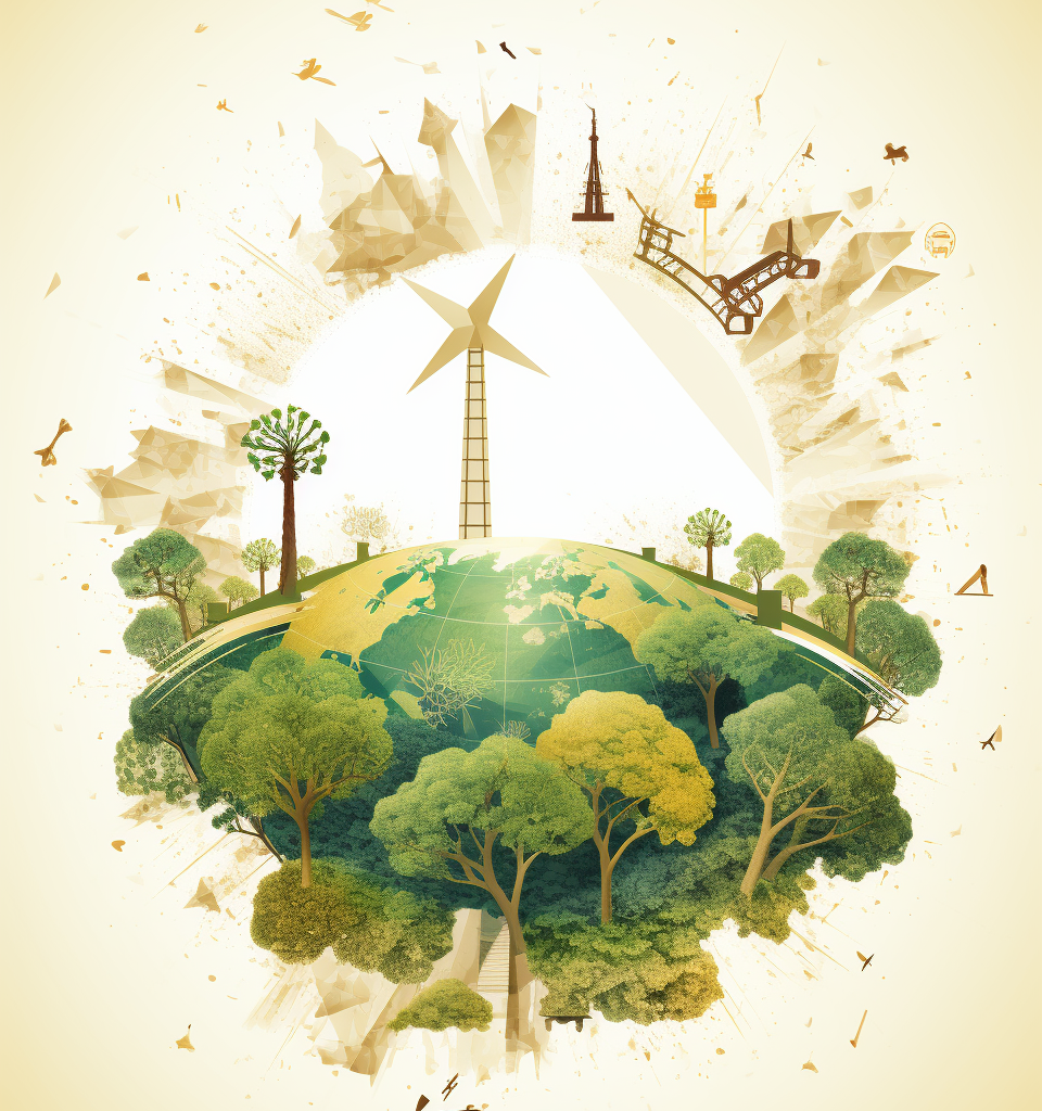Globe surrounded by symbols of sustainability, signifying global adoption