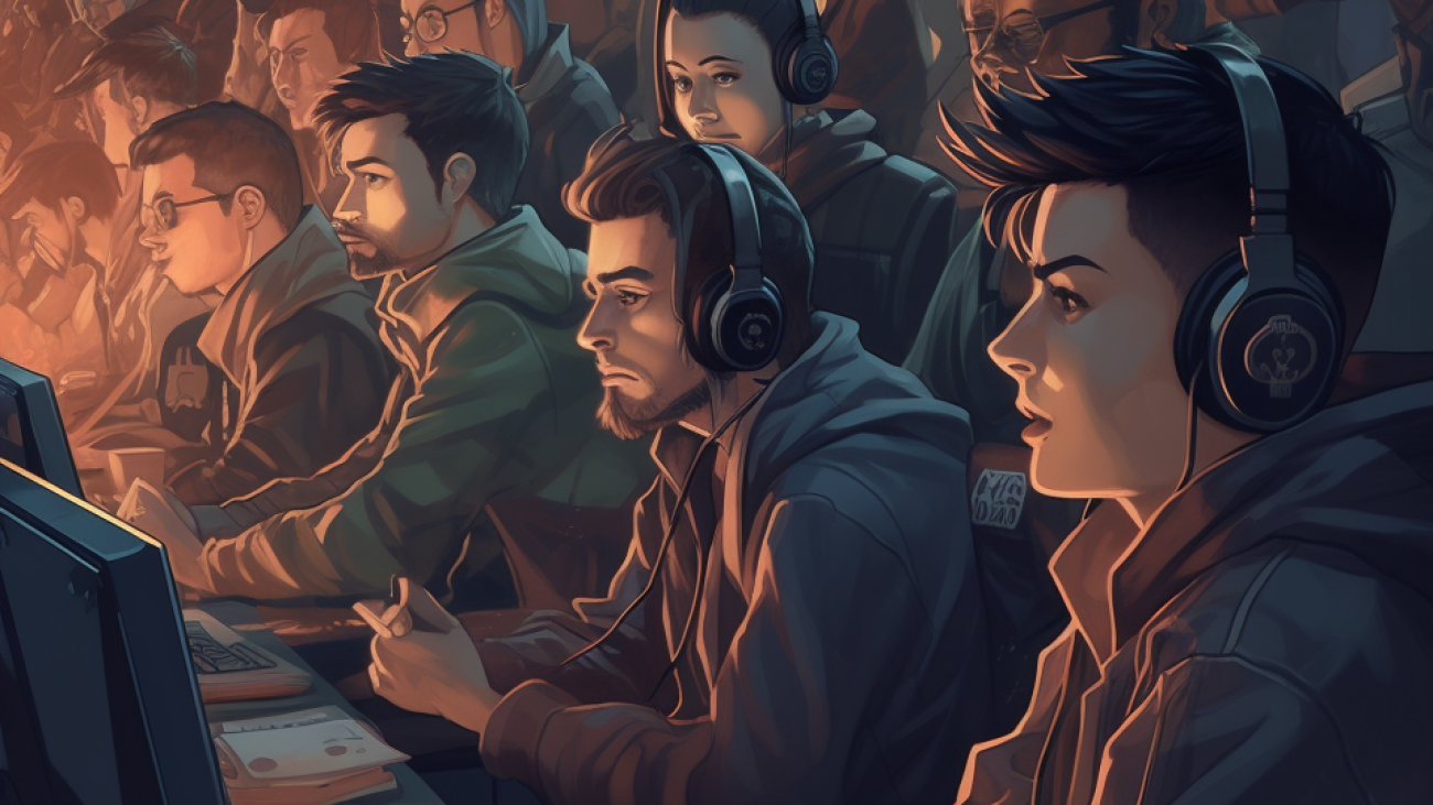 Focused gamers with an immense digital crowd in the background